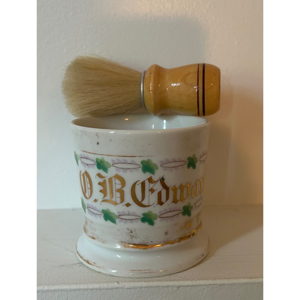 Antique O.B. Edwards Shaving Mug and West Germany Wood Shaving Brush Set